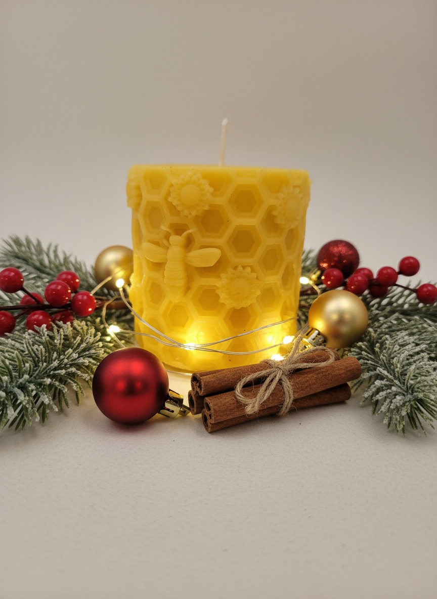 Candela Natalizia in cera d'api motivo ape su favo