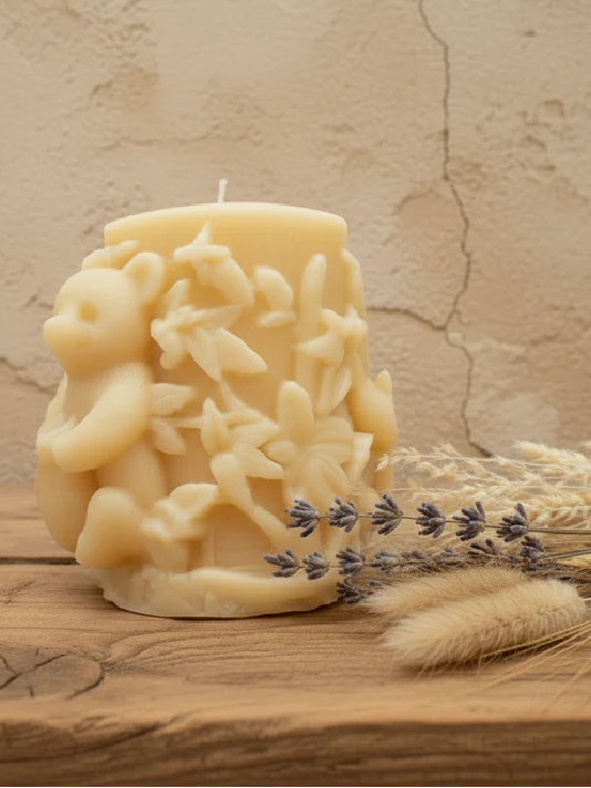 Bienenwachskerze mit einem gierigen Bärenmotiv