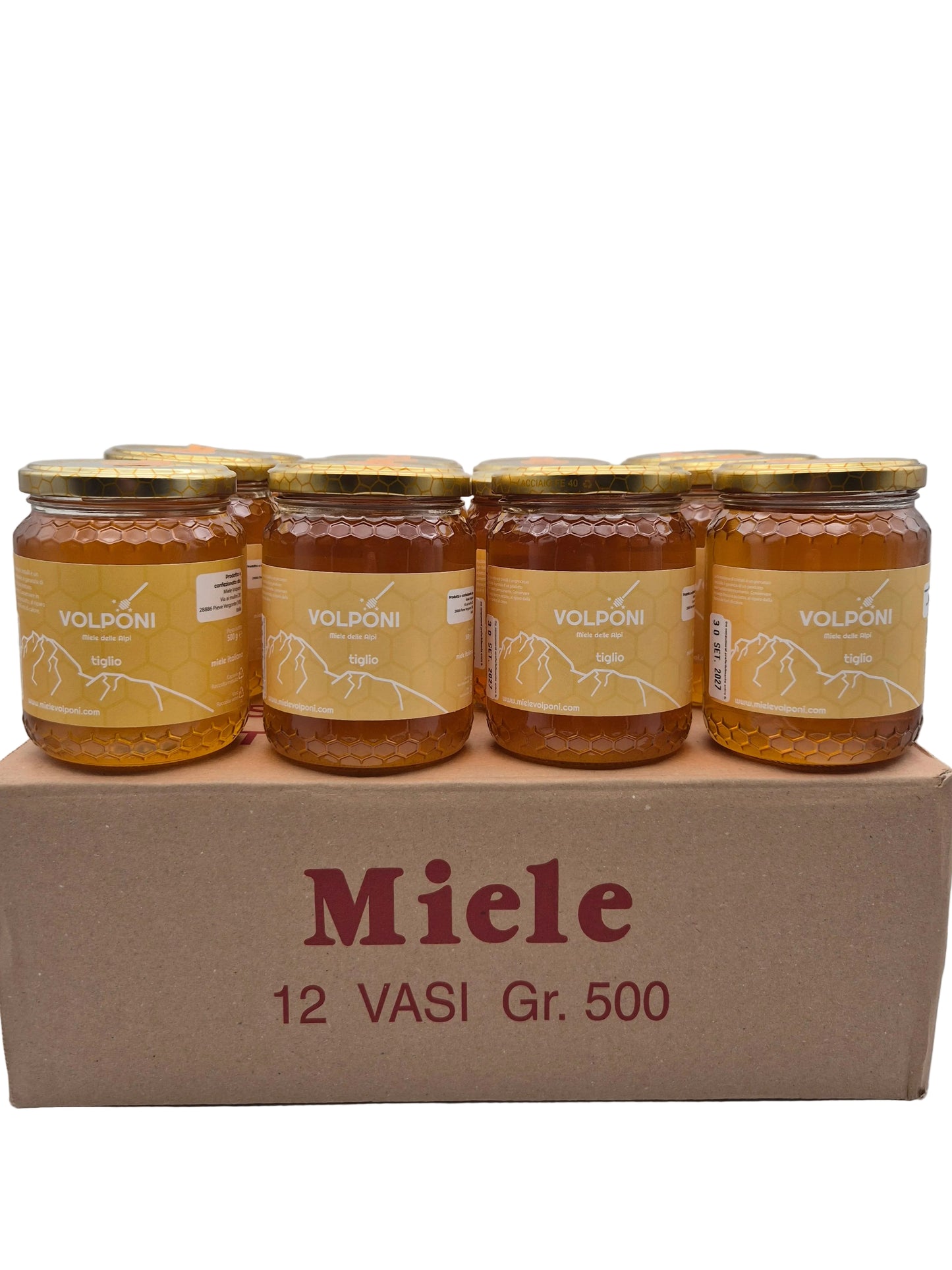 Packung mit 12 Gläsern à 500 g Lindenhonig. Kostenloser Versand innerhalb Italiens.