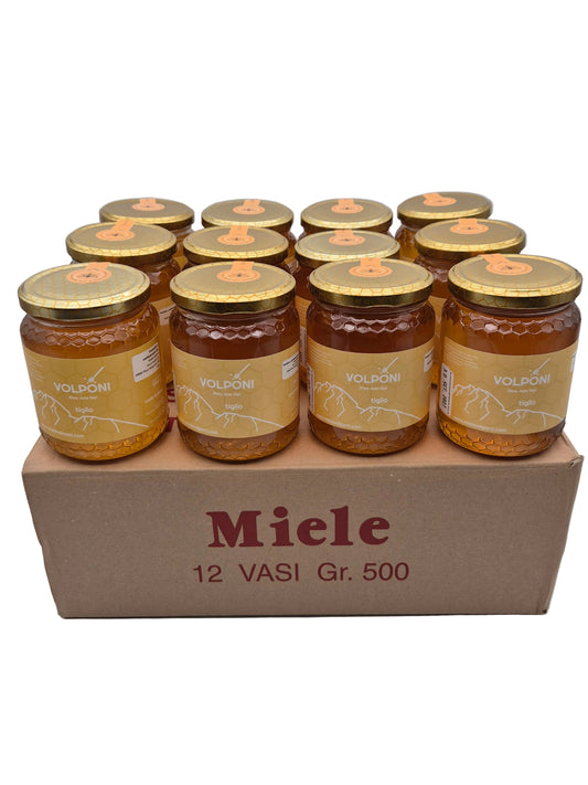 Pack of 12 jars of 500g Linden honey. Free shipping throughout Italy.